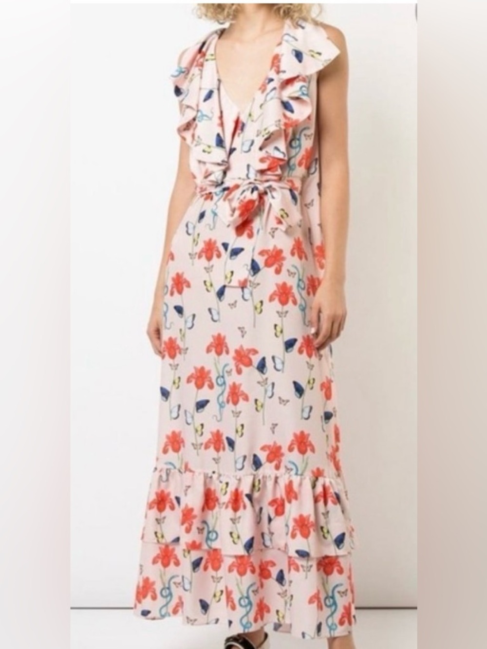 BORGO DE NOR Women's Pink Butterfly Print Ruffle Maxi Dress Size 12